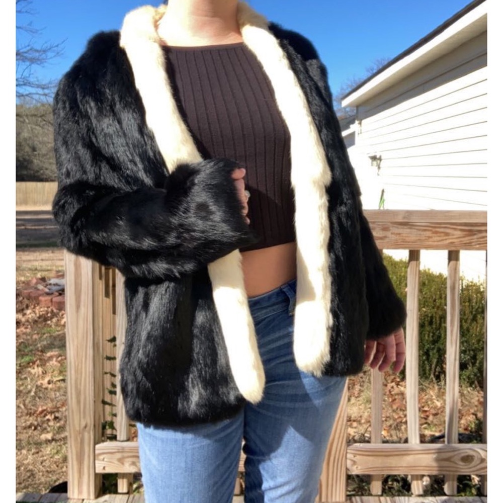 Bunny hug black and white contrasting real fur coat
